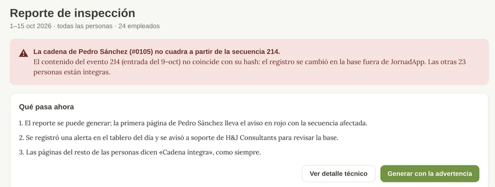 Aviso en rojo cuando la verificación detecta una alteración en los registros de una persona
