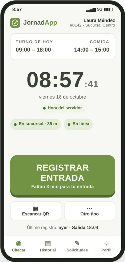 Pantalla para registrar la entrada con la hora del servidor y el turno del día