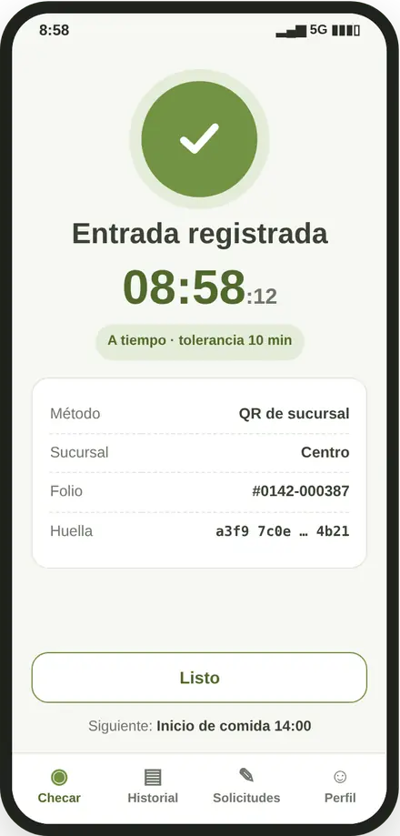 Confirmación de entrada registrada a tiempo con folio