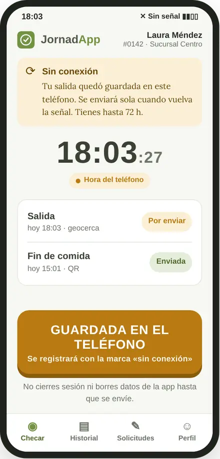 Checada guardada en el teléfono sin conexión, pendiente de enviar