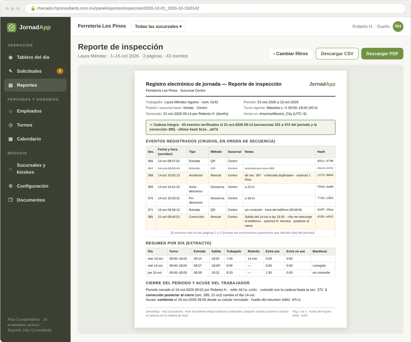 Vista previa del reporte de inspección en PDF con la verificación de integridad, los eventos registrados y el acuse del trabajador